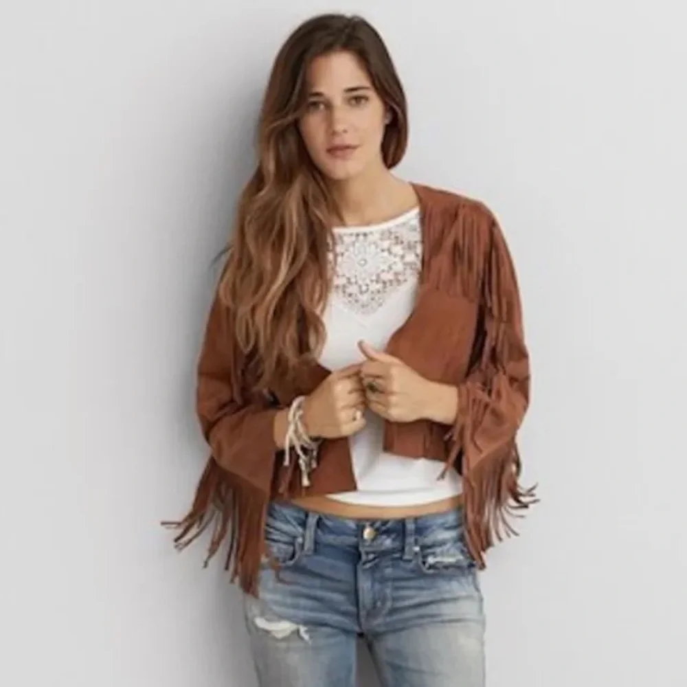 NWOT American Eagle Outfitters Goat Suede Leather Fringed Jacket - Picture 2 of 6